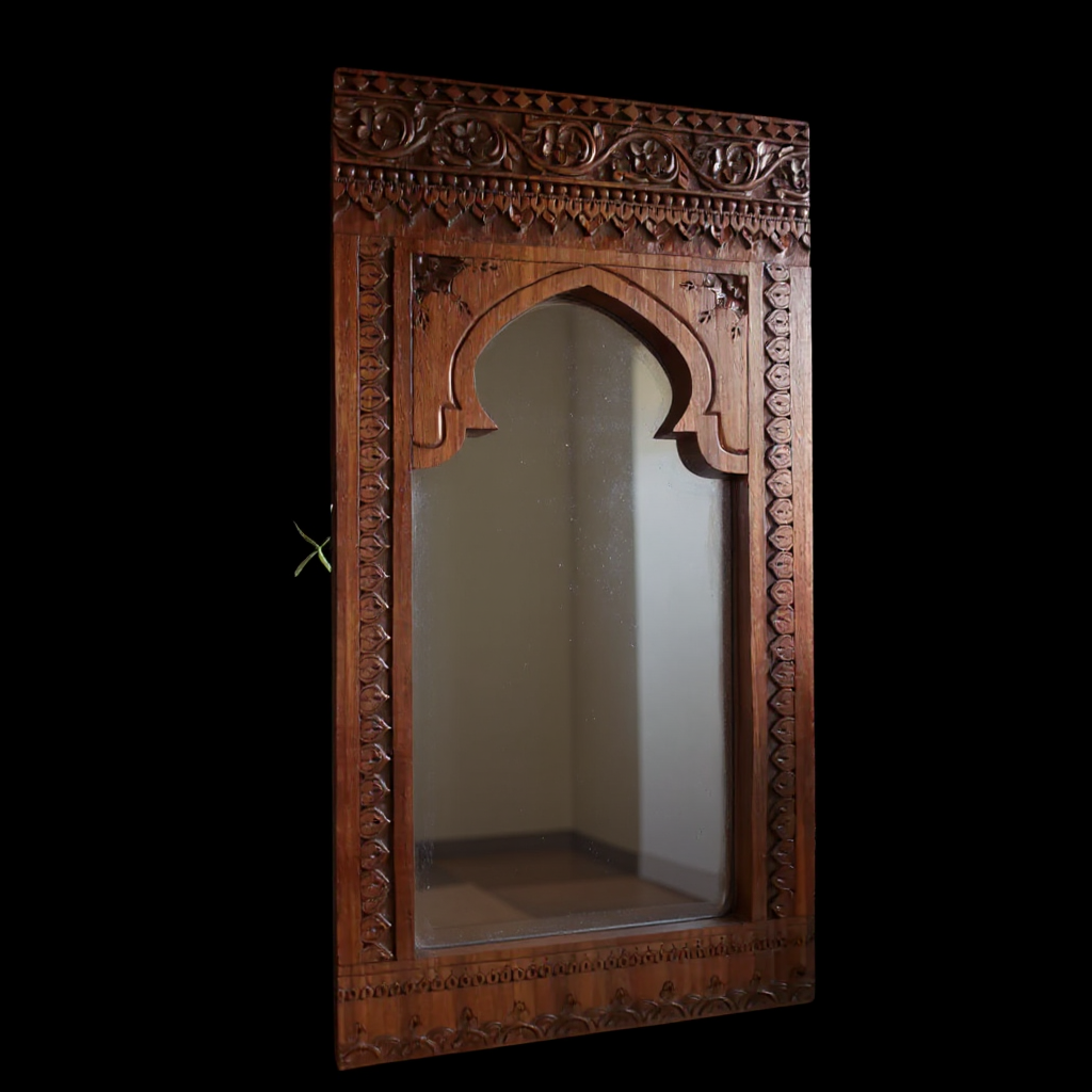 Large Arched Carved Wooden Floor Mirror — Handcrafted Solid Wood, Warm Brown Finish | Living Furn India