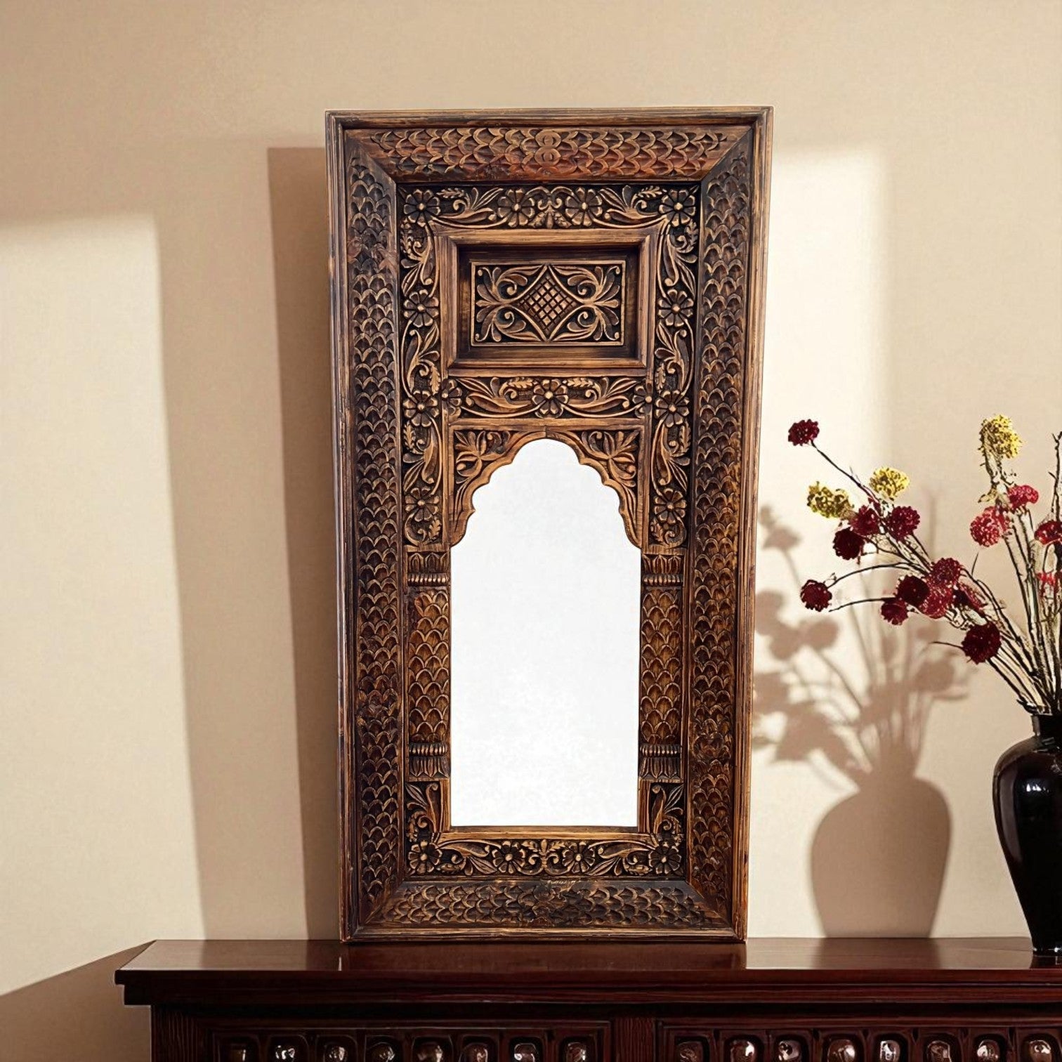 Hand‑Carved Mango Wood Wall Mirror — Rustic Floral Panel Frame, 75 × 45 cm | Living Furn India
