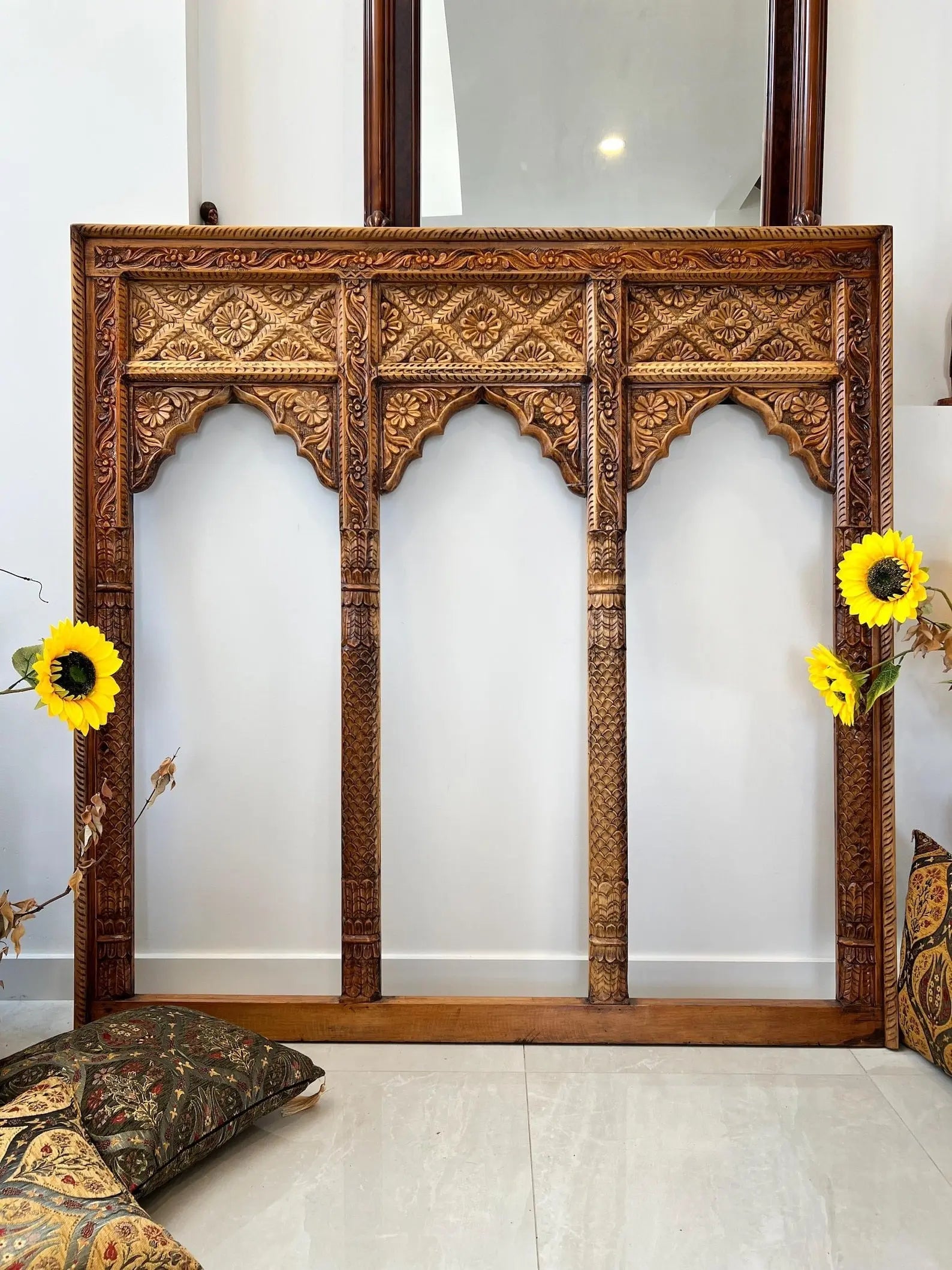 Hand‑Carved 3‑Jharokha Indian Wall Mirror — Distressed Rustic Mango Wood, Architectural Statement | Living Furn India Mirror  antique inspired mirror jlhomedecor2021.myshopify.com