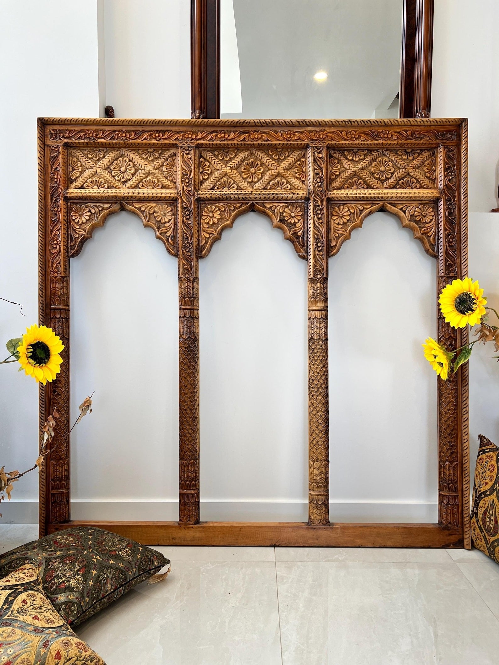 Hand‑Carved 3‑Jharokha Indian Wall Mirror — Distressed Rustic Mango Wood, Architectural Statement | Living Furn India