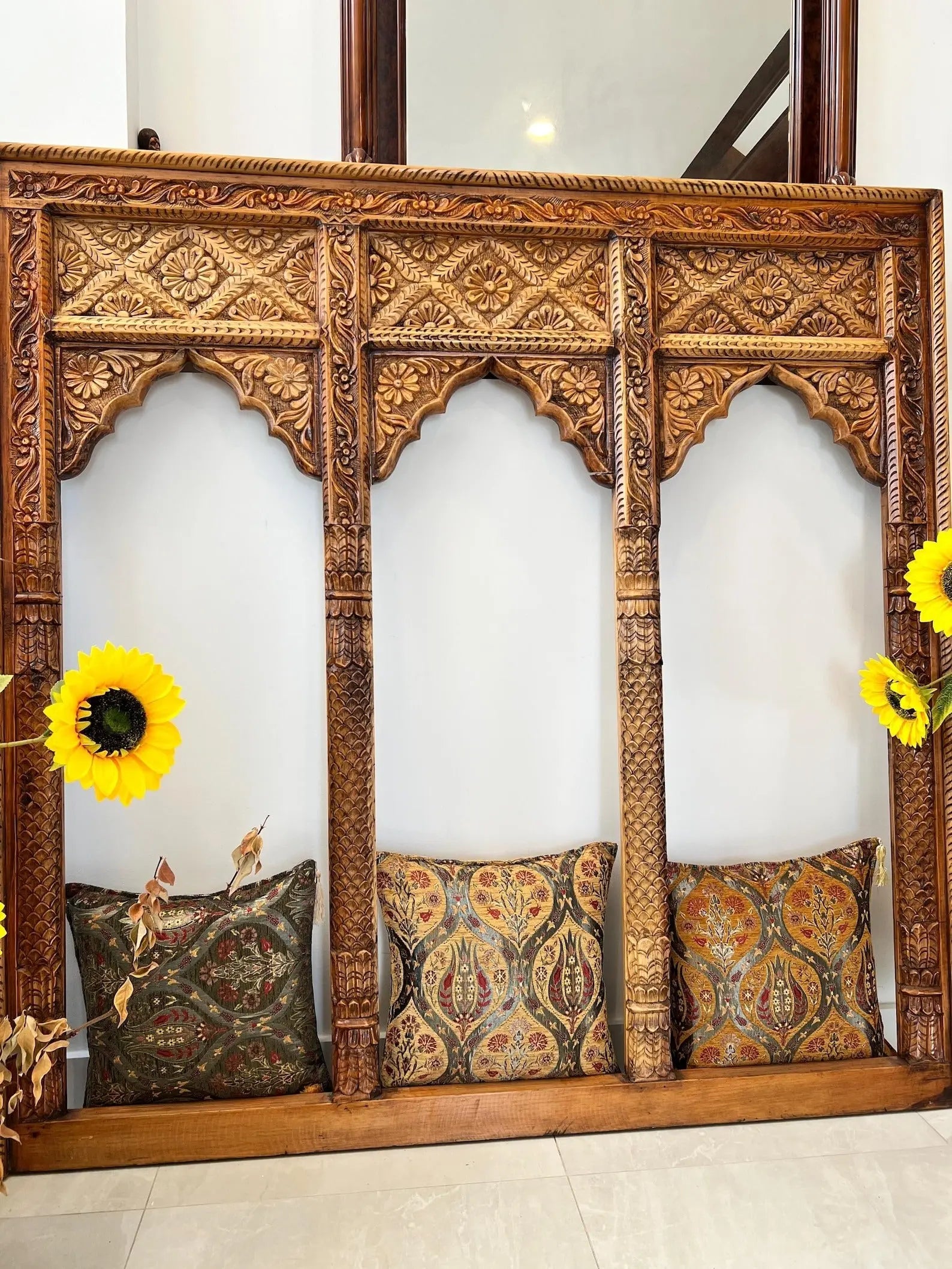 Hand‑Carved 3‑Jharokha Indian Wall Mirror — Distressed Rustic Mango Wood, Architectural Statement | Living Furn India Mirror  antique inspired mirror jlhomedecor2021.myshopify.com