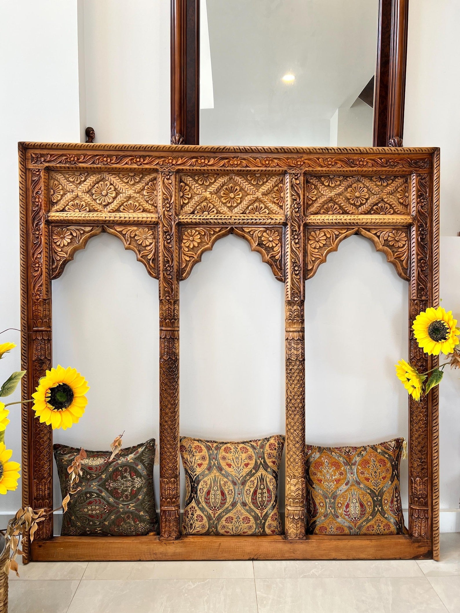 Hand‑Carved 3‑Jharokha Indian Wall Mirror — Distressed Rustic Mango Wood, Architectural Statement | Living Furn India