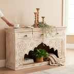 hand carved console table, mehrab console, solid mango wood console, 3 drawer console, distressed white console, white washed console, hall table, entryway console, hallway console, living room console, arched console, mughal style console, indian carved console, medallion carved console, statement console table, decorative console, handmade console table, artisan made console, premium wood console, quality wood furniture, durable console, sturdy console, timeless console, elegant console, grand console, he