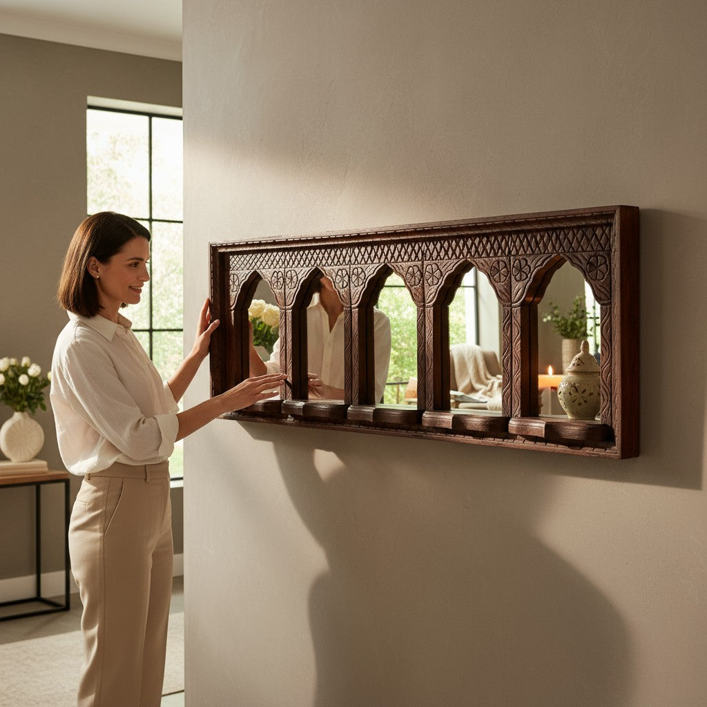 Hand‑Carved Jharokha Mirror Frame — Vintage Ethnic Style, Solid Wood, 110 × 30 cm