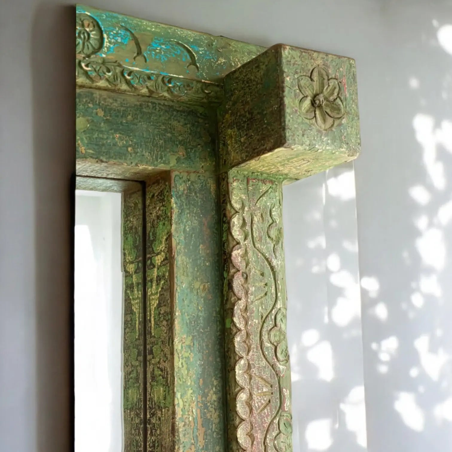 Stunning Hand-Carved Blue Old Rustic Color Solid Wood Mirror  antique blue jlhomedecor2021.myshopify.com