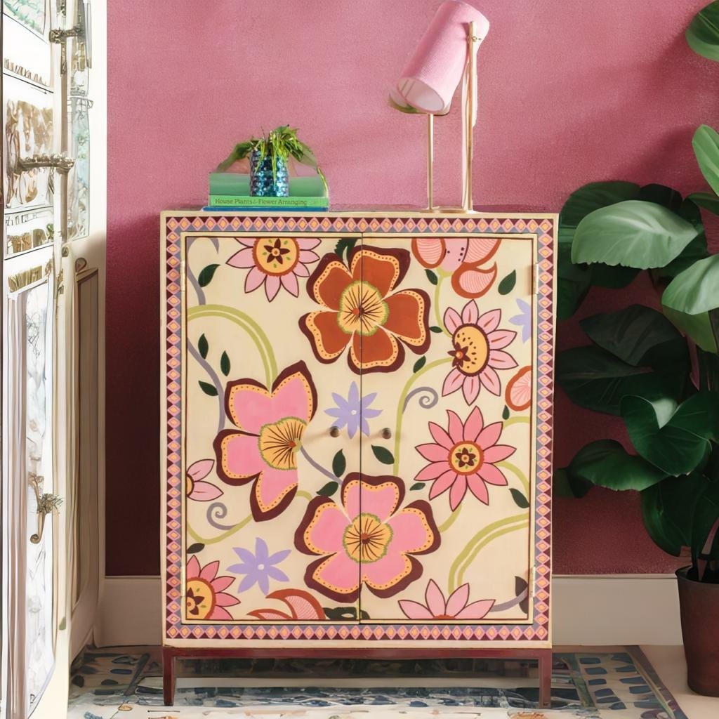 Jaipur Style Hand Painted Mango Wood Cabinet | Storage | Flower Style - J.L.HOME DECOR