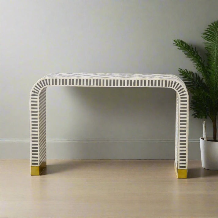 "Elegant console table in a modern living room setting, ideal for stylish décor."
