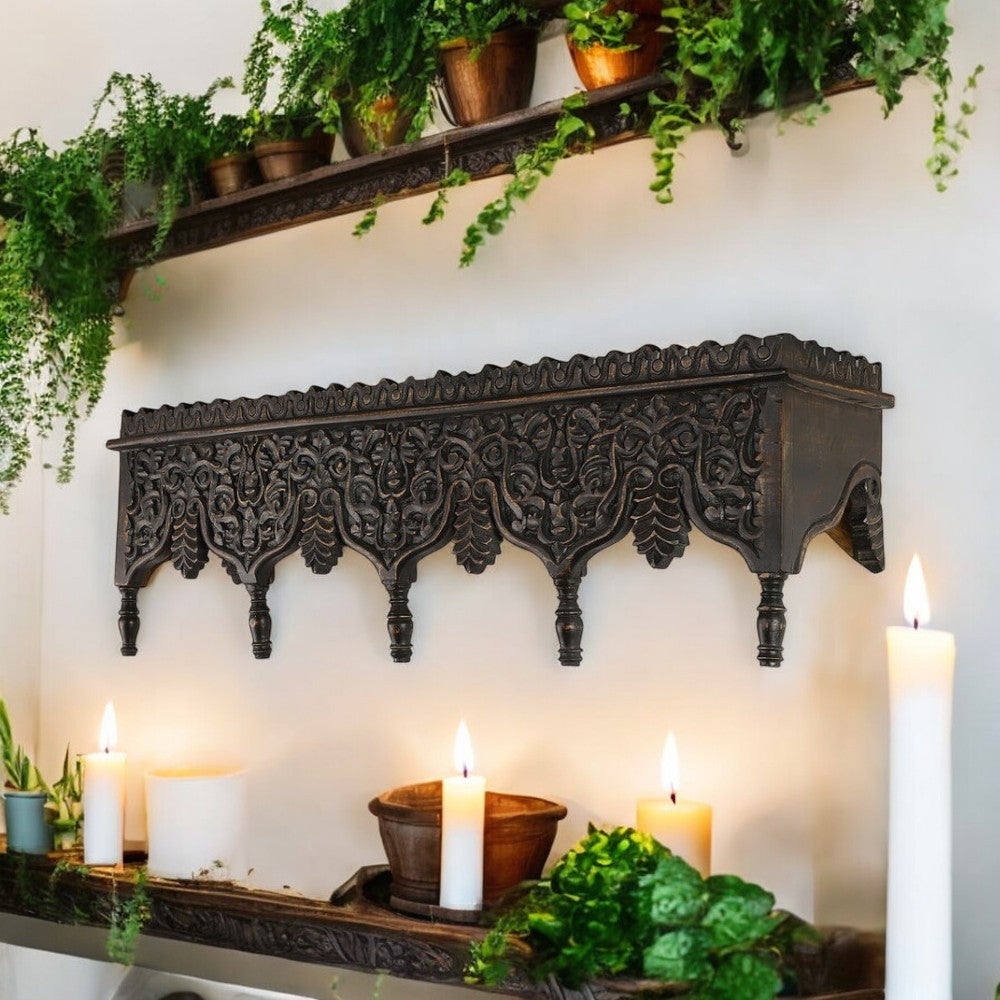 Jodhpur Hand-Carved Wooden Wall Shelf - Ornate Rajasthani Design, 33x8x12 Inch (80x20x30 cm)