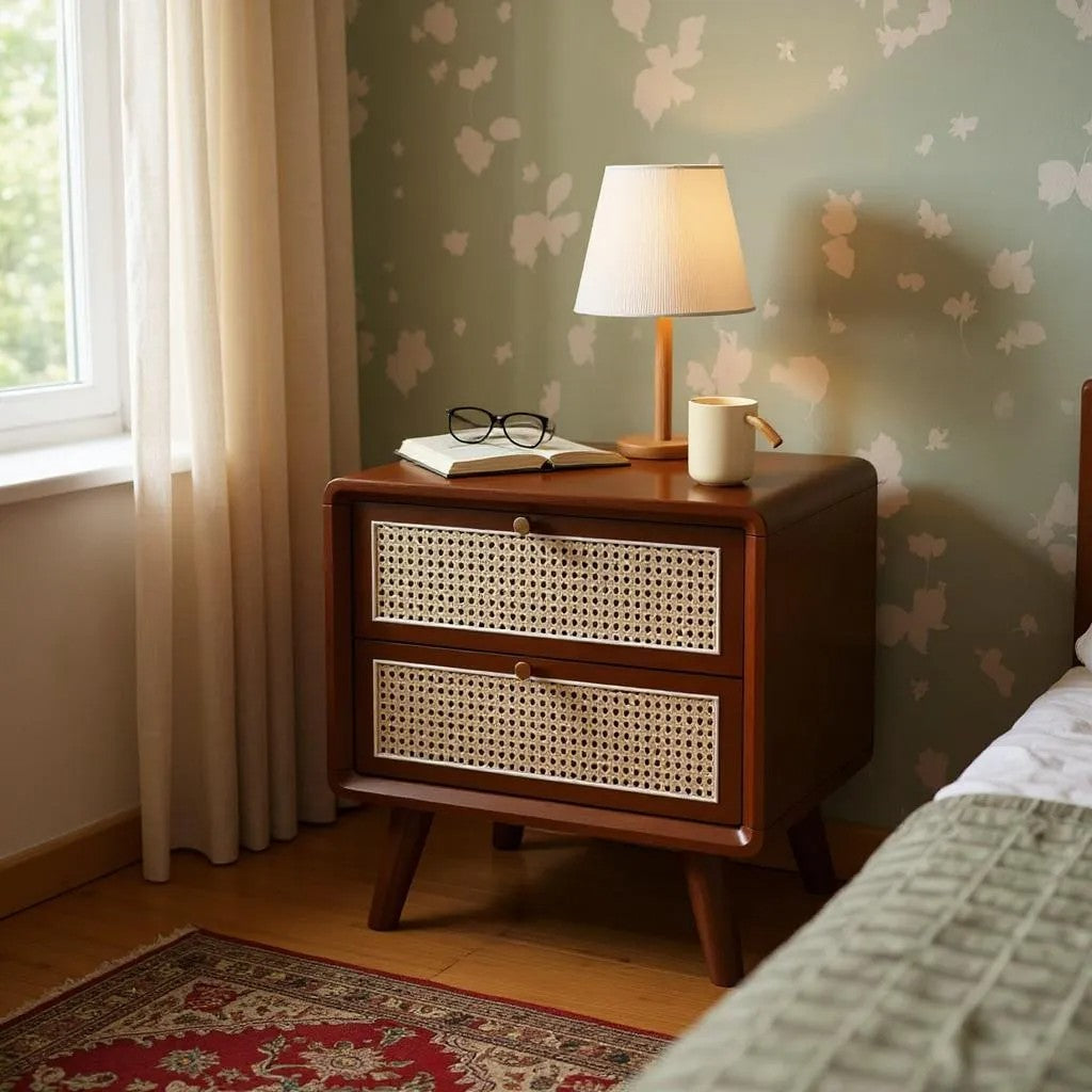 Walnut & Rattan 2-Drawer Nightstand | Mid-Century Modern Bedside Table | Cane Front Storage | J.L.HOME DECOR
