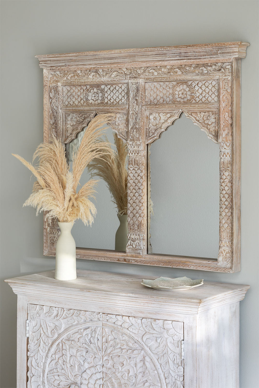 Indian Style Double Wall Mirror Jharokha Hand Carved Wall Mirror in Solid Hard Wood | Vinatge | Rustic | Living Room Antique Wall Decor