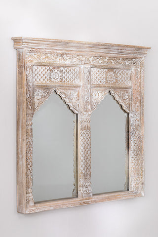 Indian Style Double Wall Mirror Jharokha Hand Carved Wall Mirror in Solid Hard Wood | Vinatge | Rustic | Living Room Antique Wall Decor