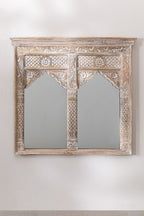 Indian Style Double Wall Mirror Jharokha Hand Carved Wall Mirror in Solid Hard Wood | Vinatge | Rustic | Living Room Antique Wall Decor