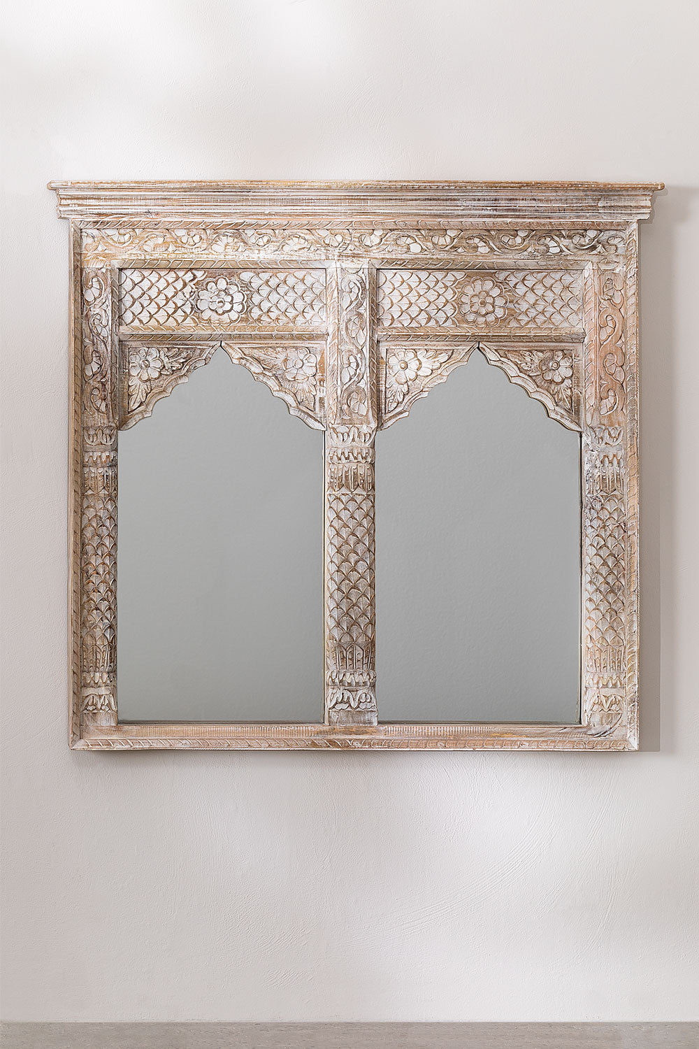 Indian Style Double Wall Mirror Jharokha Hand Carved Wall Mirror in Solid Hard Wood | Vinatge | Rustic | Living Room Antique Wall Decor