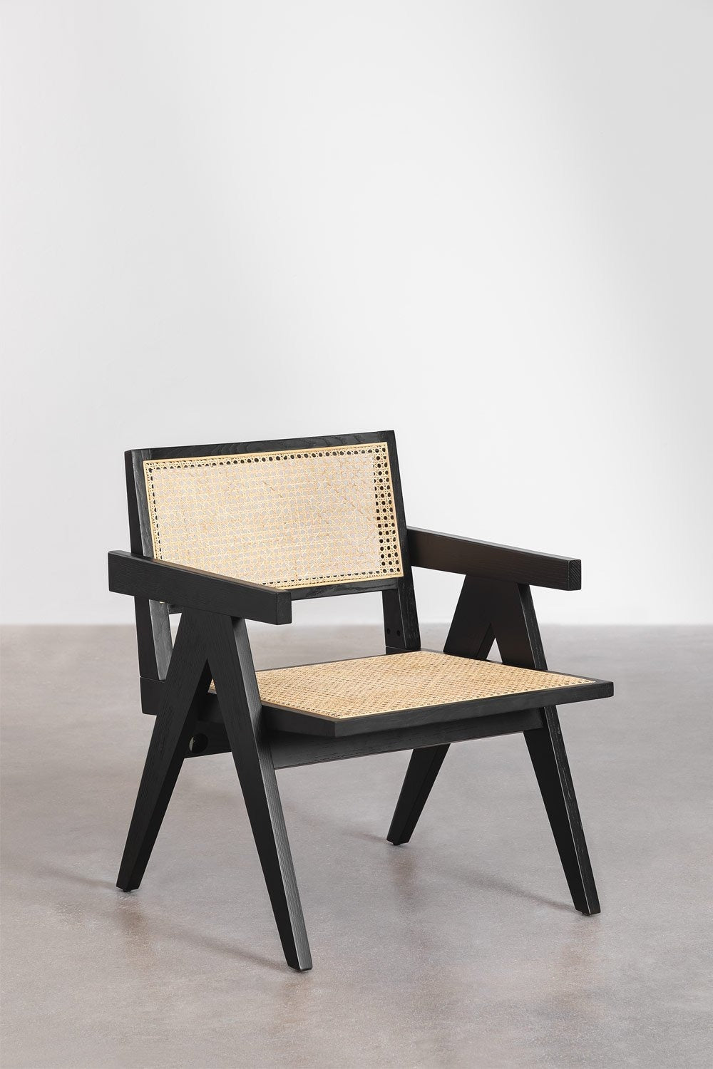 Mango Wood and Rattan Armchair with Armrests