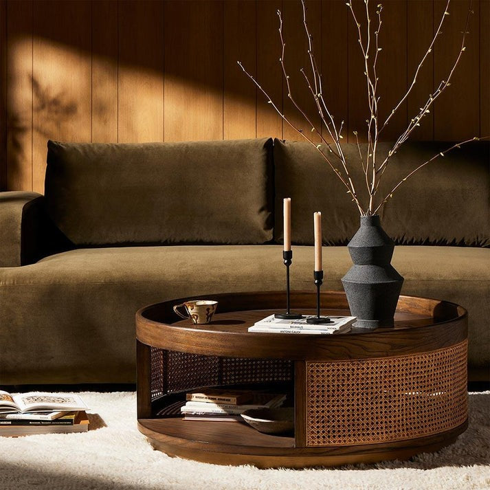 "Modern rattan coffee table paired with a stylish cane coffee table, showcasing intricate designs. Wooden center table design with a glass top, square center table design, and nesting coffee table options displayed. Featuring coffee tables with stools, small coffee tables for compact spaces, and elegant round coffee table designs. Highlighting modern tea table design, wooden centre table for living room, and coffee table with storage. The setup includes sofa table with glass, small table for living room, an