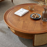 "Modern rattan coffee table paired with a stylish cane coffee table, showcasing intricate designs. Wooden center table design with a glass top, square center table design, and nesting coffee table options displayed. Featuring coffee tables with stools, small coffee tables for compact spaces, and elegant round coffee table designs. Highlighting modern tea table design, wooden centre table for living room, and coffee table with storage. The setup includes sofa table with glass, small table for living room, an