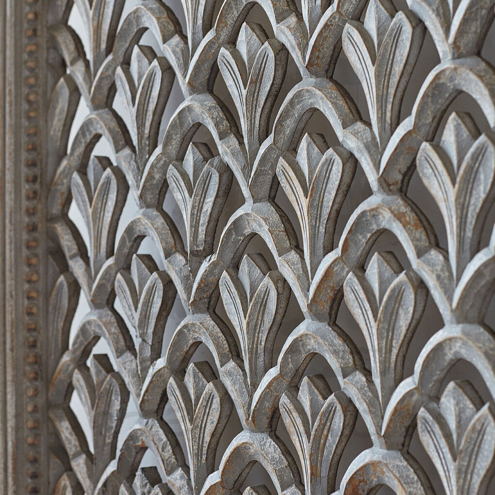Close-up of textured grey finish – solid mango wood with visible grain