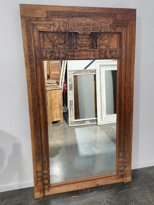 Majestic Heirloom Antique Indian Timber Hand-Carved Mirror | Full-Length Architectural Wall Decor