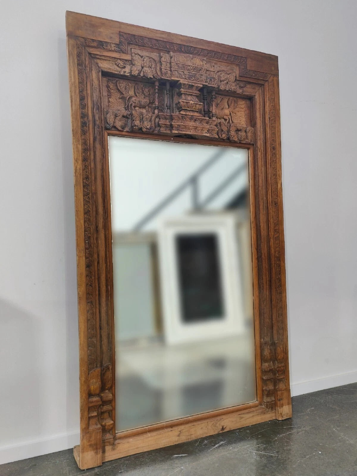 Majestic Heirloom Antique Indian Timber Hand-Carved Mirror | Full-Length Architectural Wall Decor