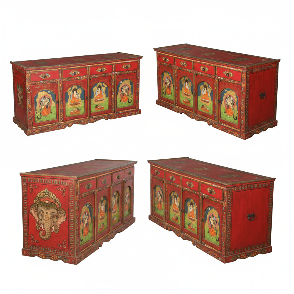 Red Hand-Painted Indian Style Chest of Drawers - Handcrafted 184cm Solid Mango Wood Sideboard