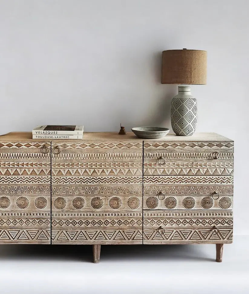 Siona Whitewashed Rustic Console Table with Hand-Carved 3 Doors cabinet  3-Door Console Table jlhomedecor2021.myshopify.com