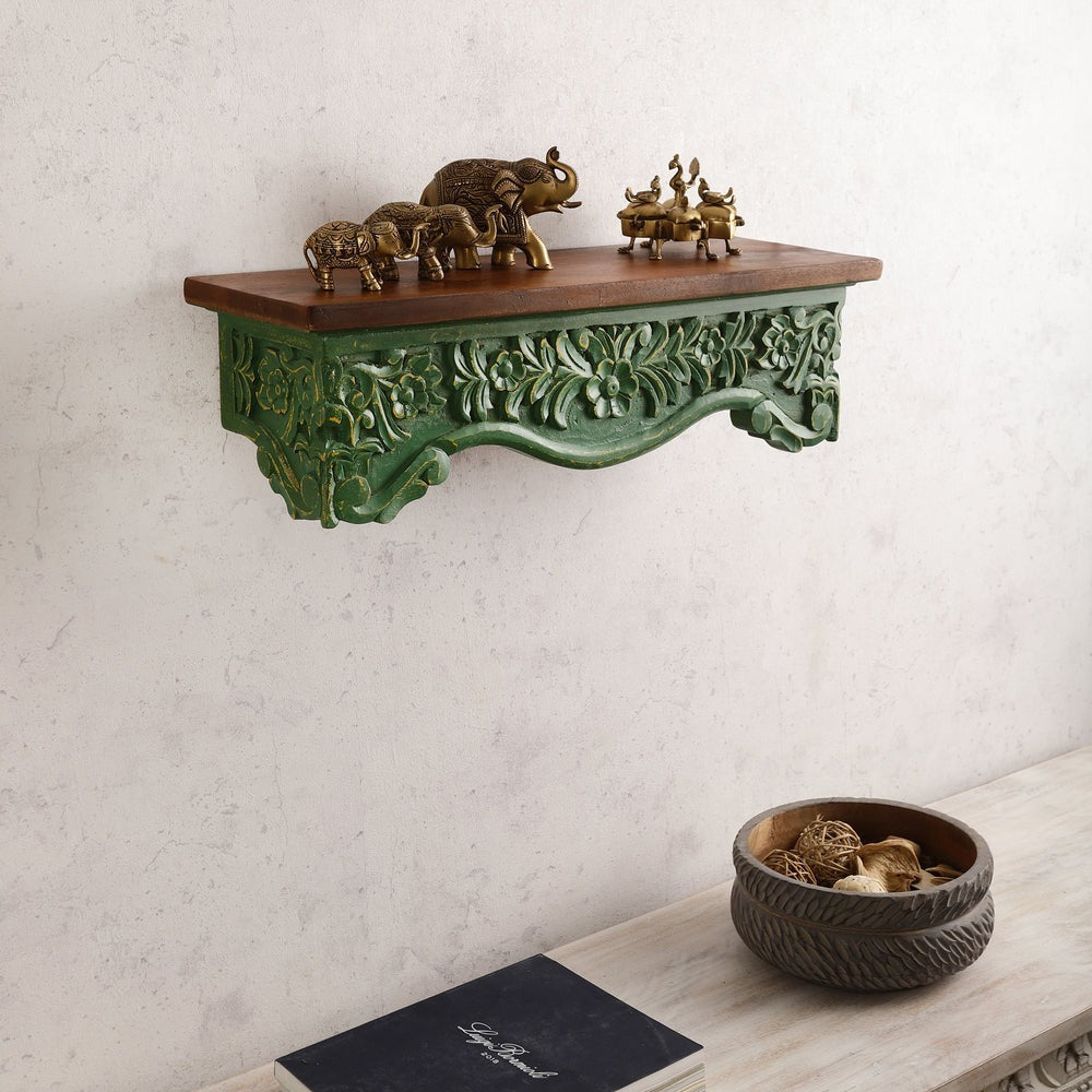 Hand Carved Green Wall Shelf