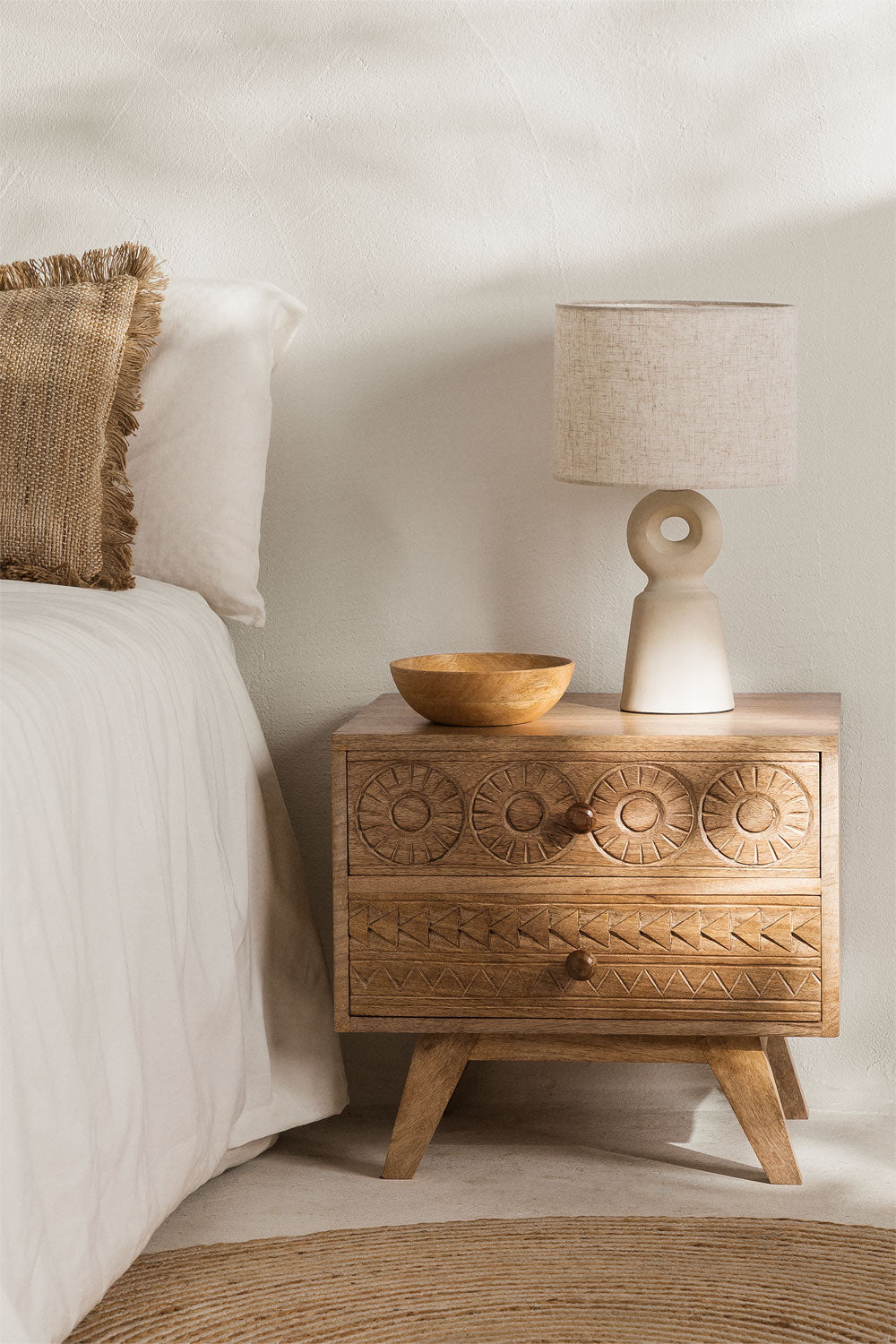 Handmade Indian Handcarved Stylish and Functional Mango Wood Bedside Table with Drawers: Perfect Addition to Your Bedroom
