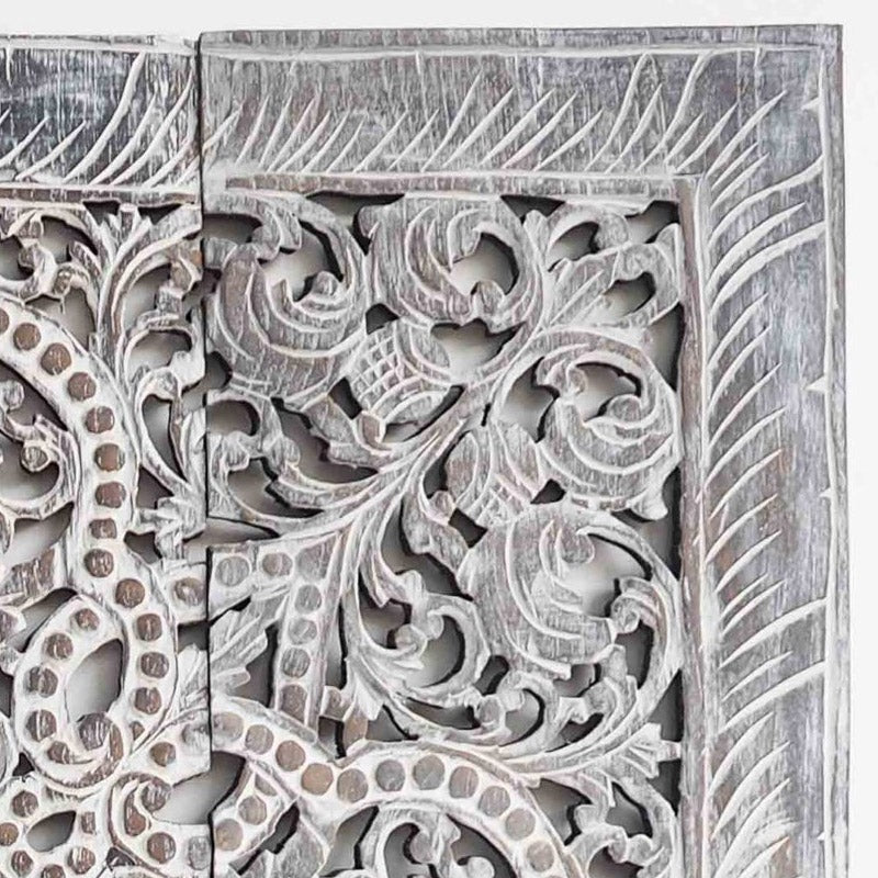 Frosted Lotus Harmony – Handcarved Wall Panel in Whitewashed Finish