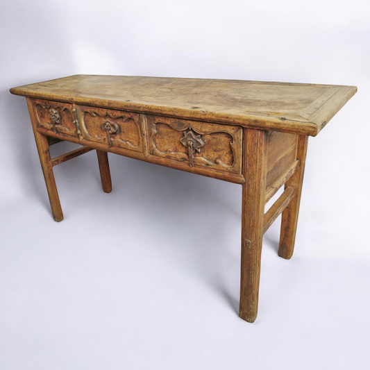 Antique Traditional Hand Carved Three Drawer Console Table