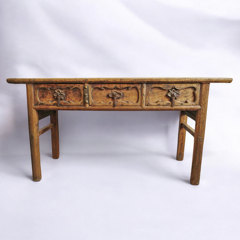 Antique Traditional Hand Carved Three Drawer Console Table