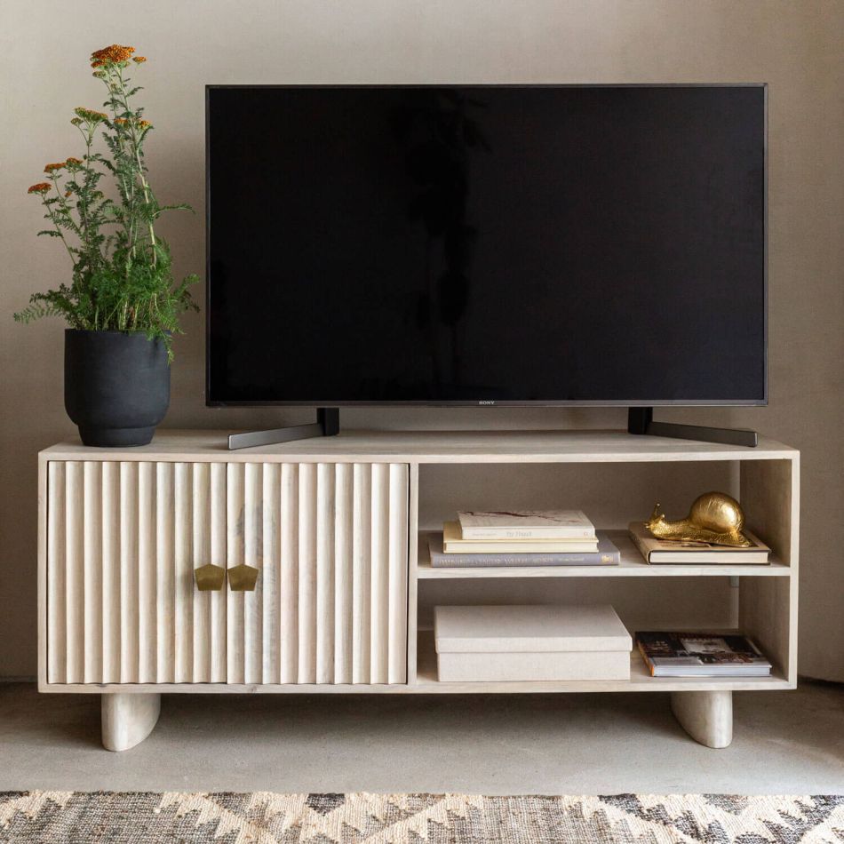 Artisan Fluted Wood TV Unit with Storage | Modern Media Console | Natural Finish Entertainment Center | J.L.HOME DECOR