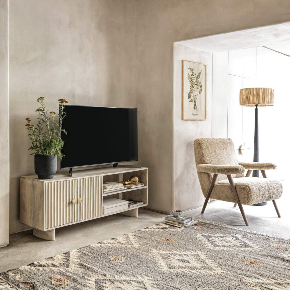 Artisan Fluted Wood TV Unit with Storage | Modern Media Console | Natural Finish Entertainment Center | J.L.HOME DECOR