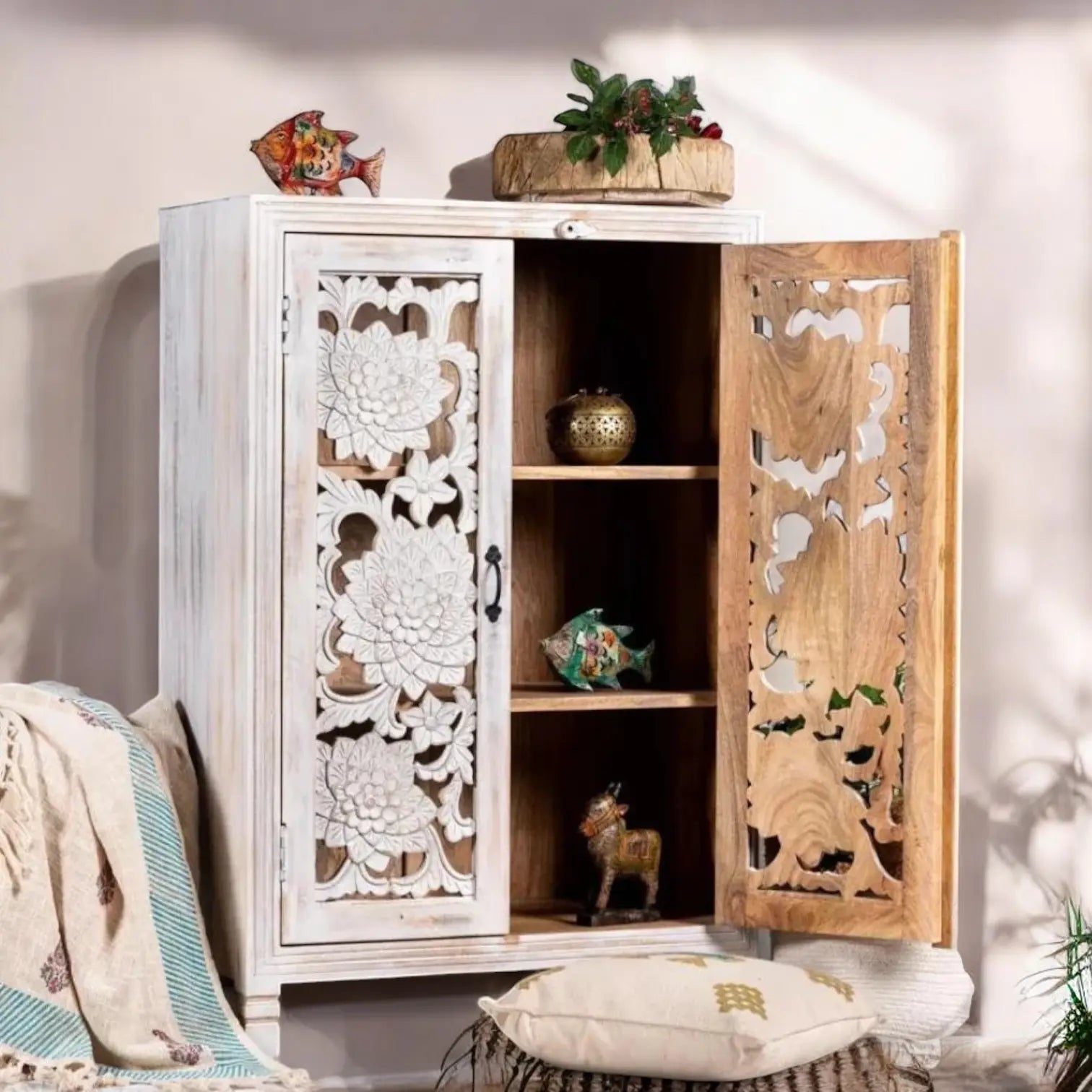 White Rustic Two Carving Door Cabinet Solid Wood - solid wooden cabinet cabinet  accent furniture jlhomedecor2021.myshopify.com