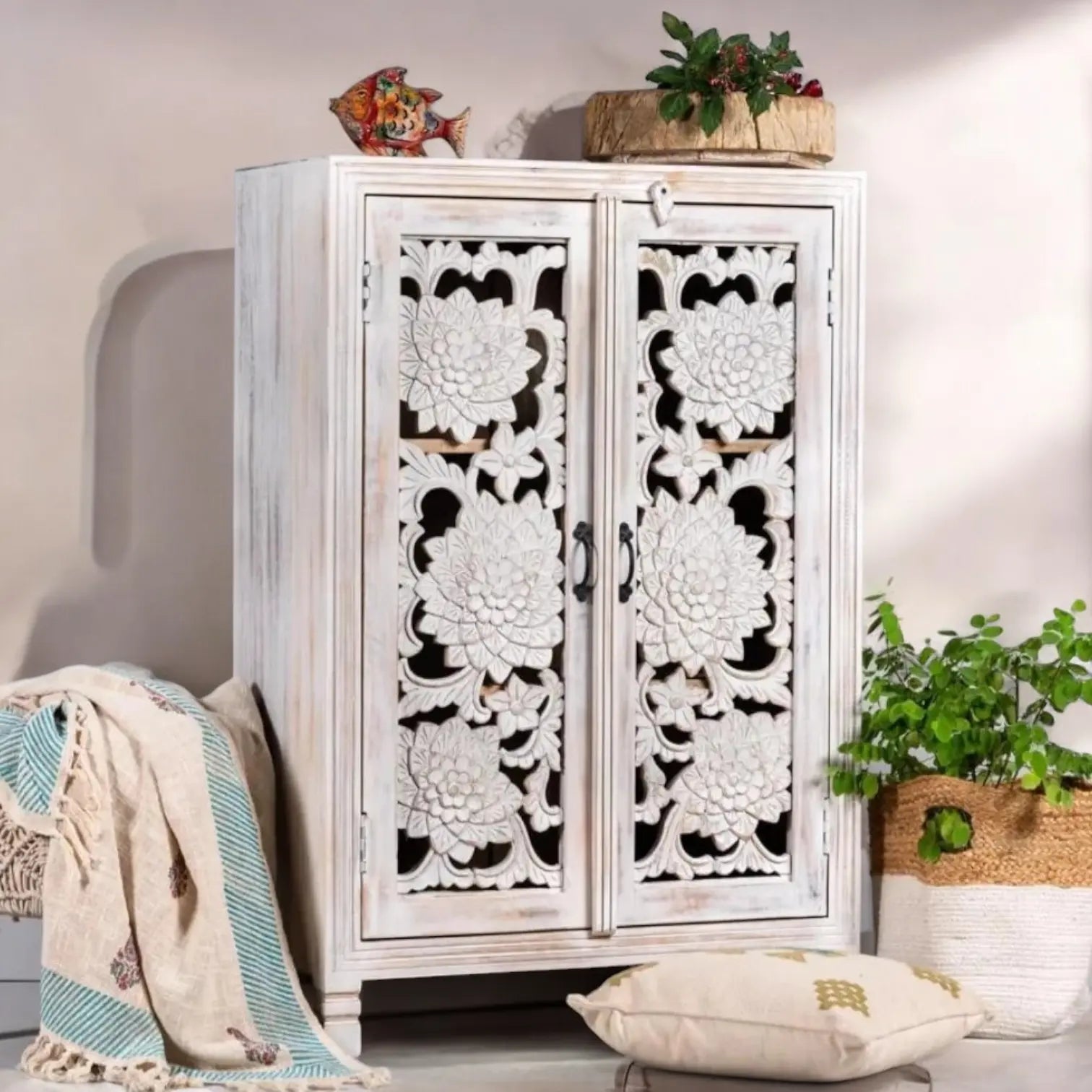 White Rustic Two Carving Door Cabinet Solid Wood - solid wooden cabinet cabinet  accent furniture jlhomedecor2021.myshopify.com