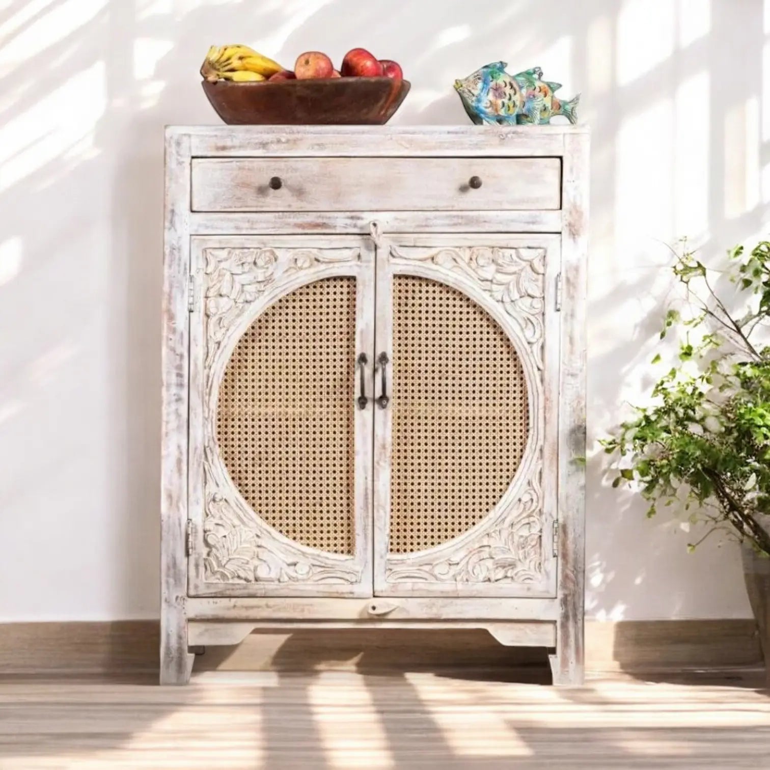 Two Door Rattan White Rustic Carving Cabinet  Artisan Craftsmanship jlhomedecor2021.myshopify.com