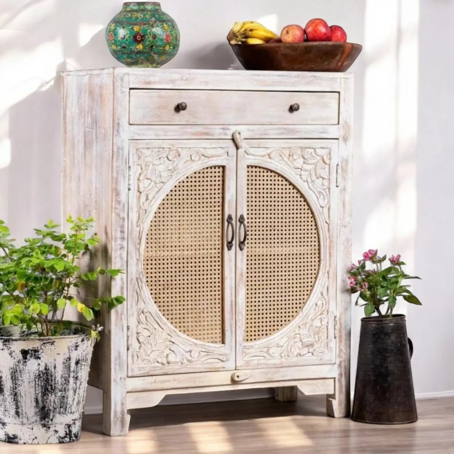 Two Door Rattan White Rustic Carving Cabinet  Artisan Craftsmanship jlhomedecor2021.myshopify.com