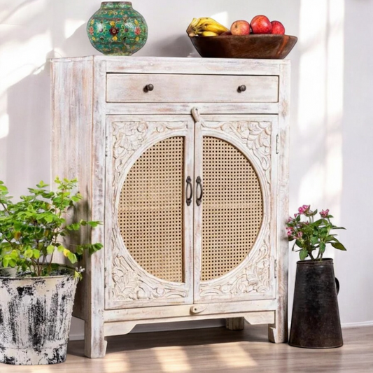 Two Door Rattan White Rustic Carving