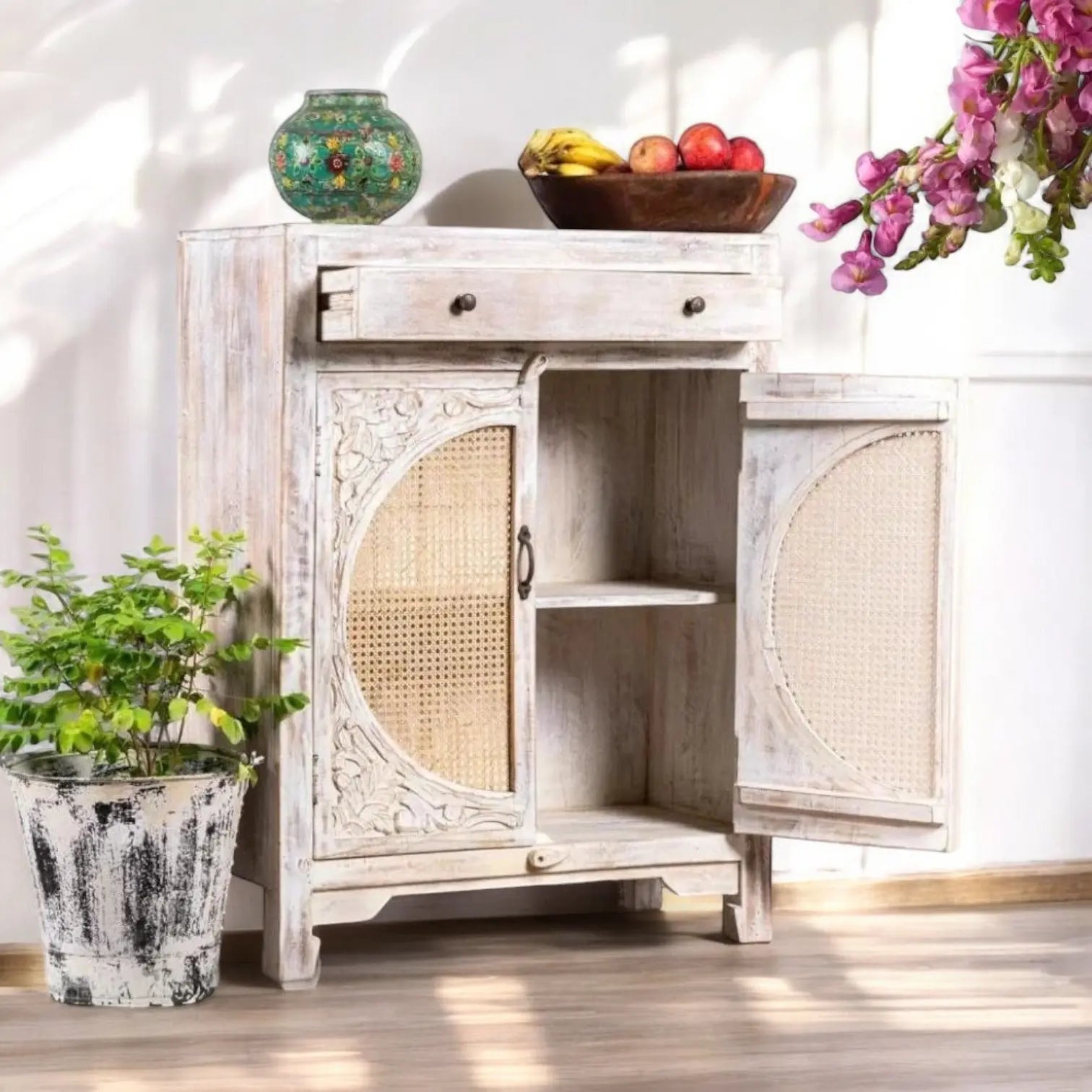 Two Door Rattan White Rustic Carving Cabinet  Artisan Craftsmanship jlhomedecor2021.myshopify.com