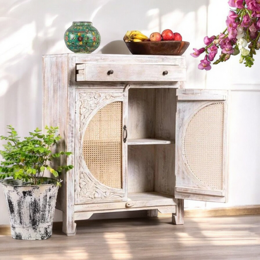 Two Door Rattan White Rustic Carving