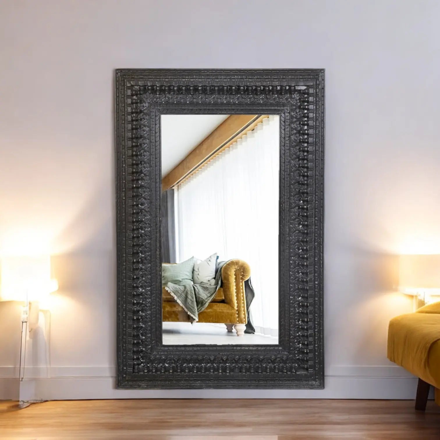 Antique mirror wall | big vintage mirror | carved wood wall hanging | jharokha wall decor | Black Hand Carved Wall Mirror Jharokha Mirror  antique mirror frames jlhomedecor2021.myshopify.com