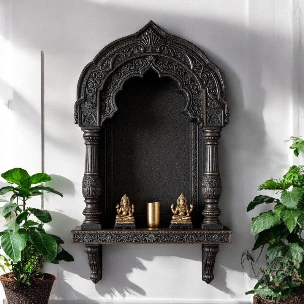 Jodhpur hand-carved dark wood archway wall niche, featuring intricate temple-inspired carvings. Ideal for displaying sacred items or antique collectibles.