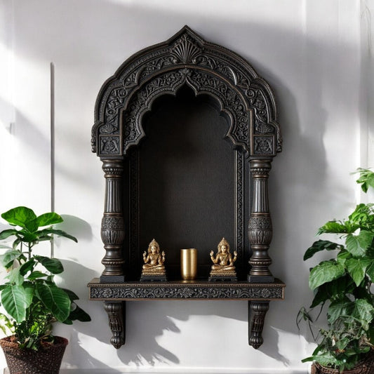 Jodhpur hand-carved dark wood archway wall niche, featuring intricate temple-inspired carvings. Ideal for displaying sacred items or antique collectibles.
