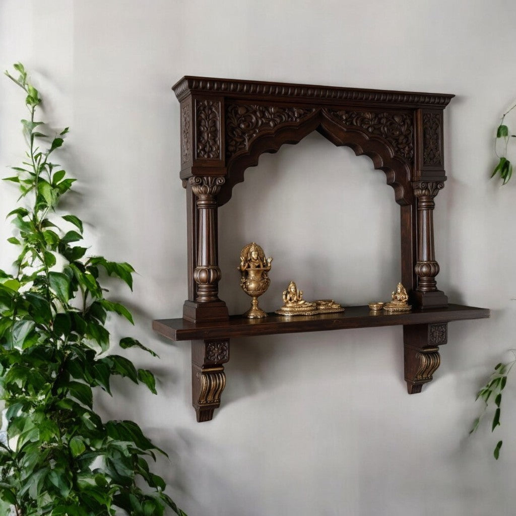Discover our artisan crafted Jodhpur dark wood archway wall shrine. Temple style pooja display, Indian heritage decor. Add cultural richness to your home with this unique piece.