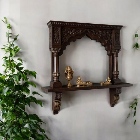 Discover our artisan crafted Jodhpur dark wood archway wall shrine. Temple style pooja display, Indian heritage decor. Add cultural richness to your home with this unique piece.
