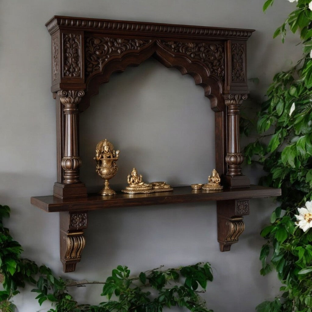 Jodhpur artisan dark wood archway wall shrine, featuring intricate temple-inspired carvings. Ideal for displaying sacred items or antique collectibles.