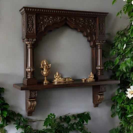 Jodhpur artisan dark wood archway wall shrine, featuring intricate temple-inspired carvings. Ideal for displaying sacred items or antique collectibles.