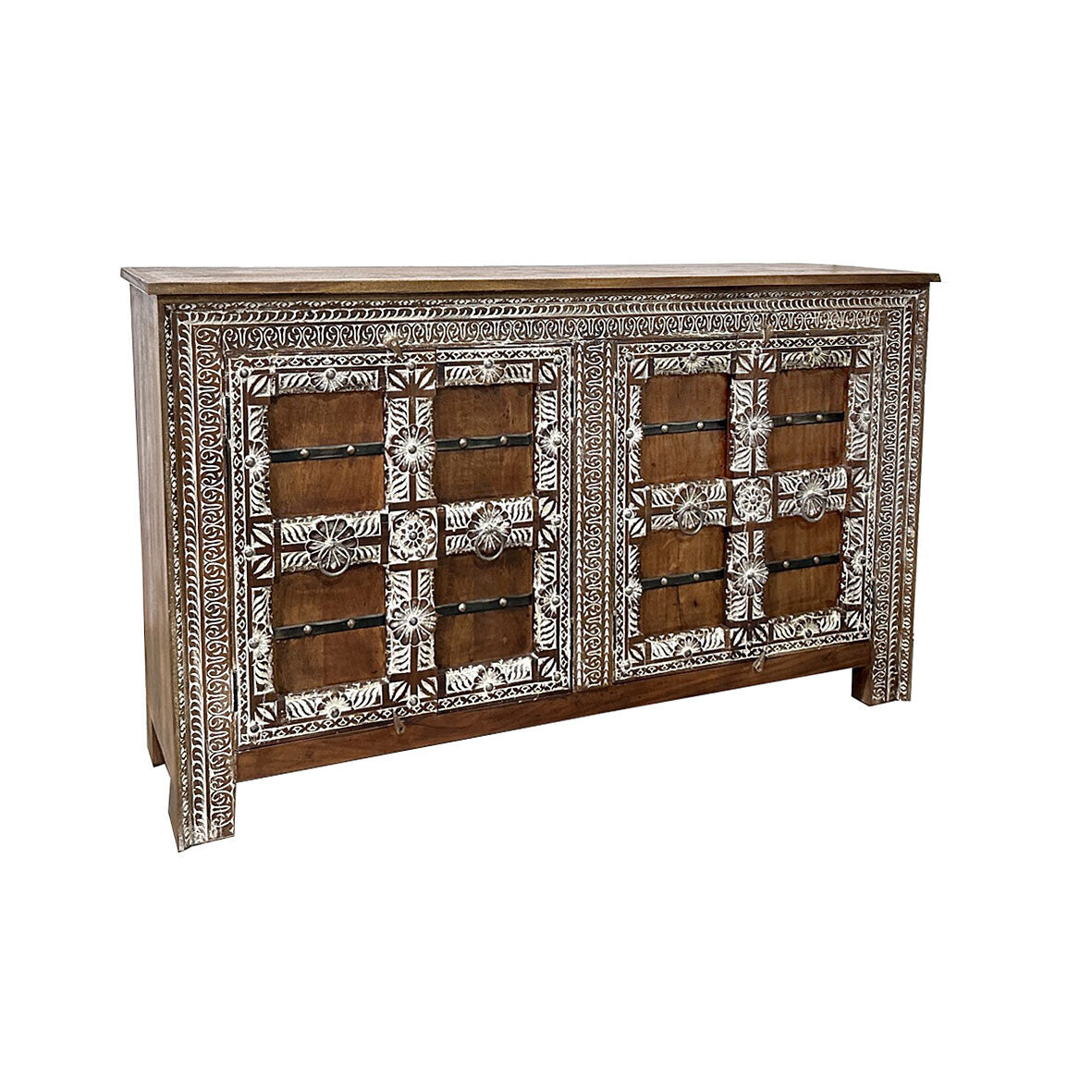 Hand‑carved mango wood 4‑door sideboard, vintage Indian style, 185 × 100 × 44 cm.

