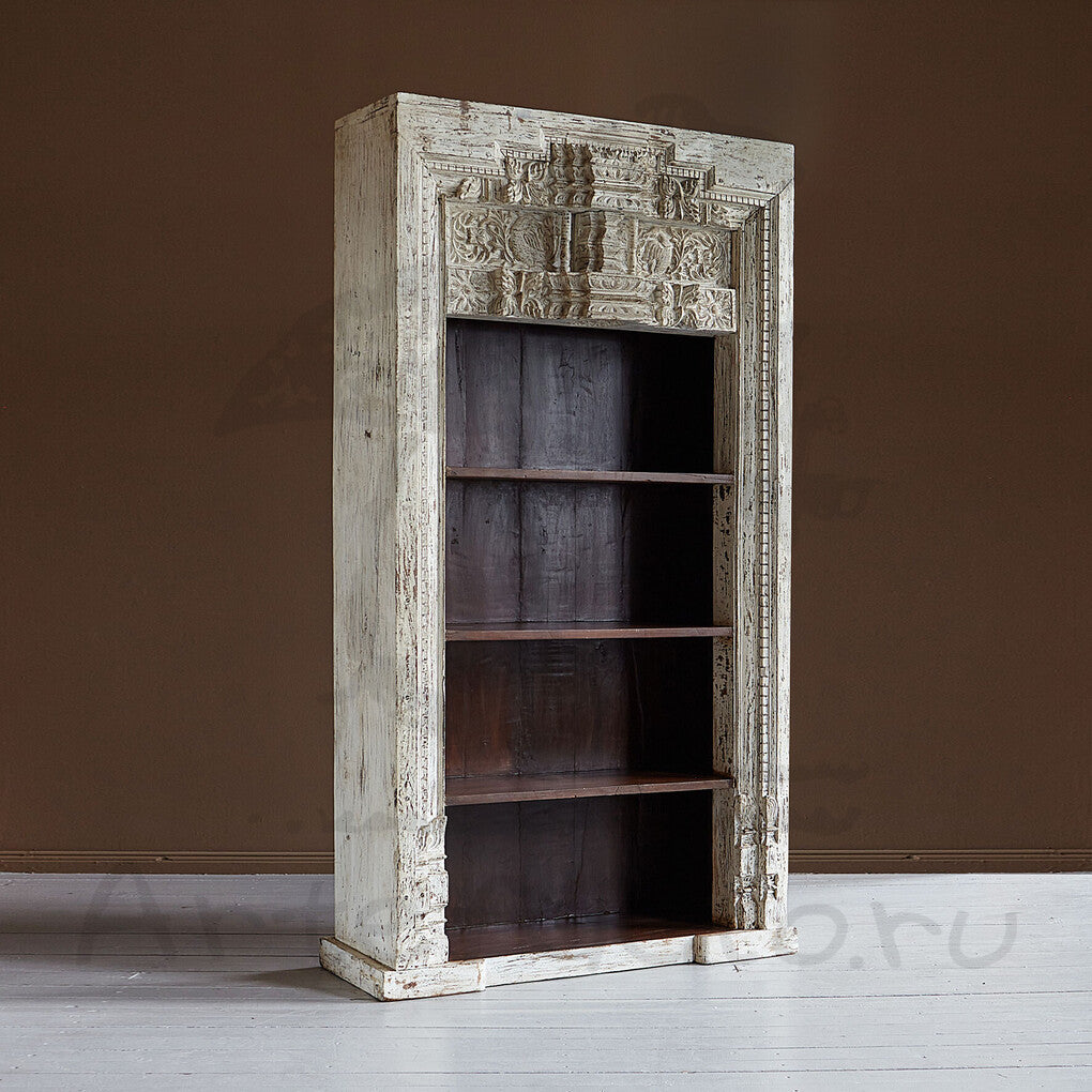 Close-up of distressed white bookshelf finish – wooden book rack with natural grain

