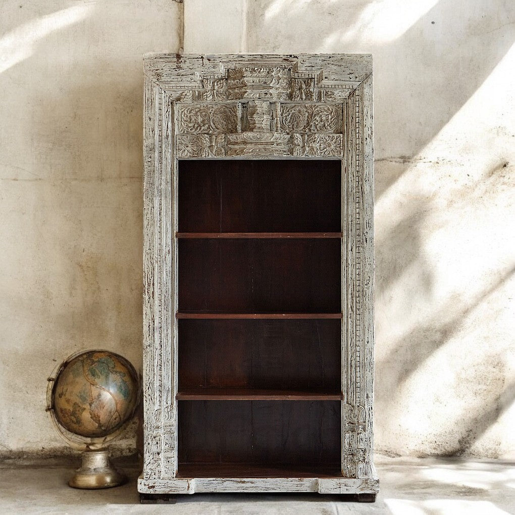 Vintage mango wood bookshelf – floor-to-ceiling book storage with 6 shelves
