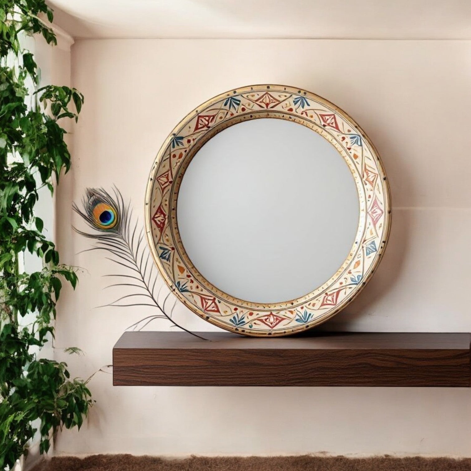 J.L.HOME DECOR hand-painted round decorative mirror with traditional Rajasthani motifs. Ideal for adding a vintage Indian touch to your home.